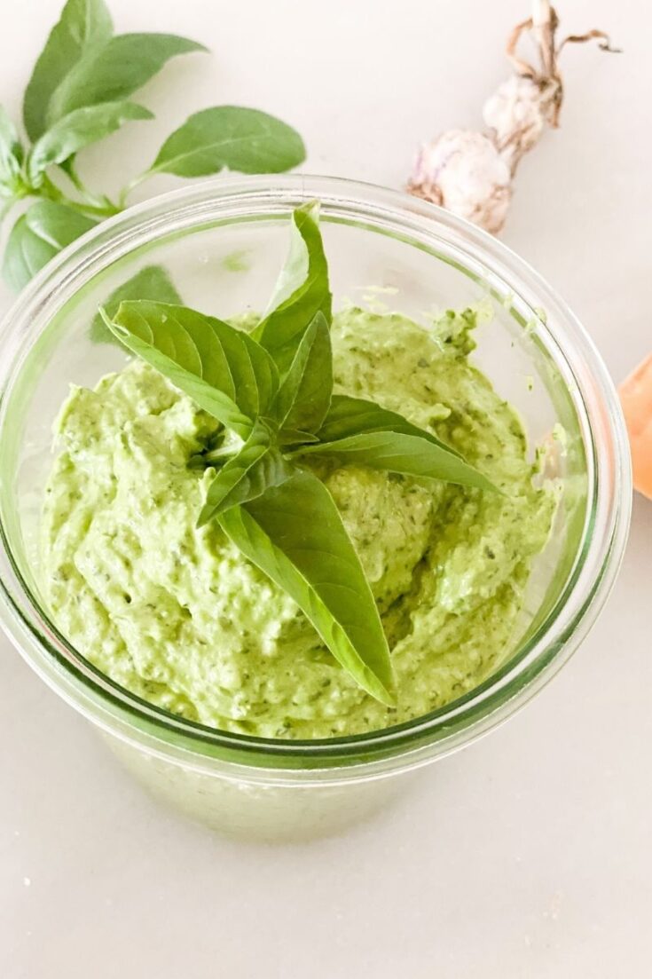 basil pesto in glass jar