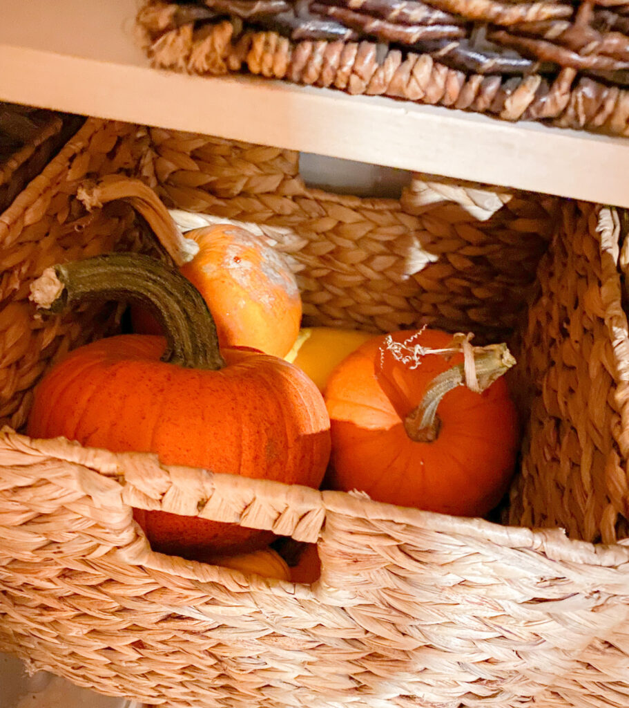 Various homegrown pumpkins in a straw basket inside of a well stocked pantry with wooden shelves