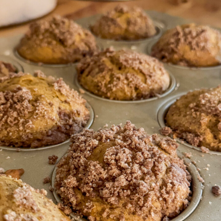 sourdough pumpkin muffins in a gold muffin pan