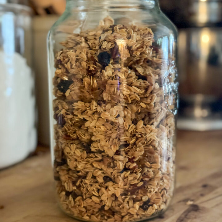sourdough discard granola in a large glass container
